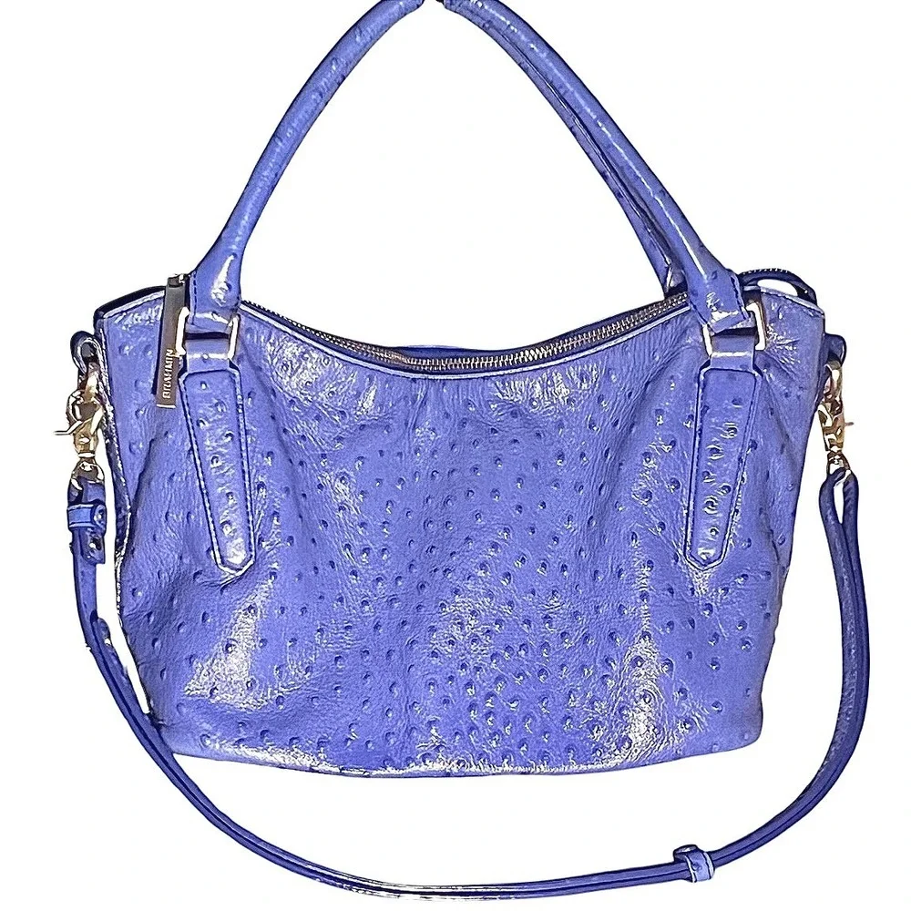 Brahmin Norah periwinkle ostrich-embossed leather satchel shoulder strap include